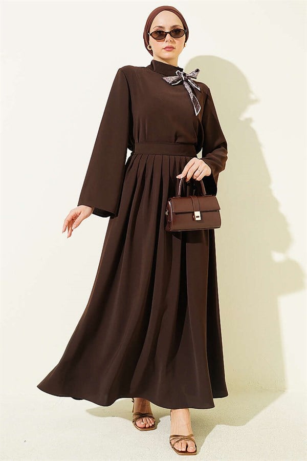 2 Piece Set with scarf collar and skirt, coffee color.