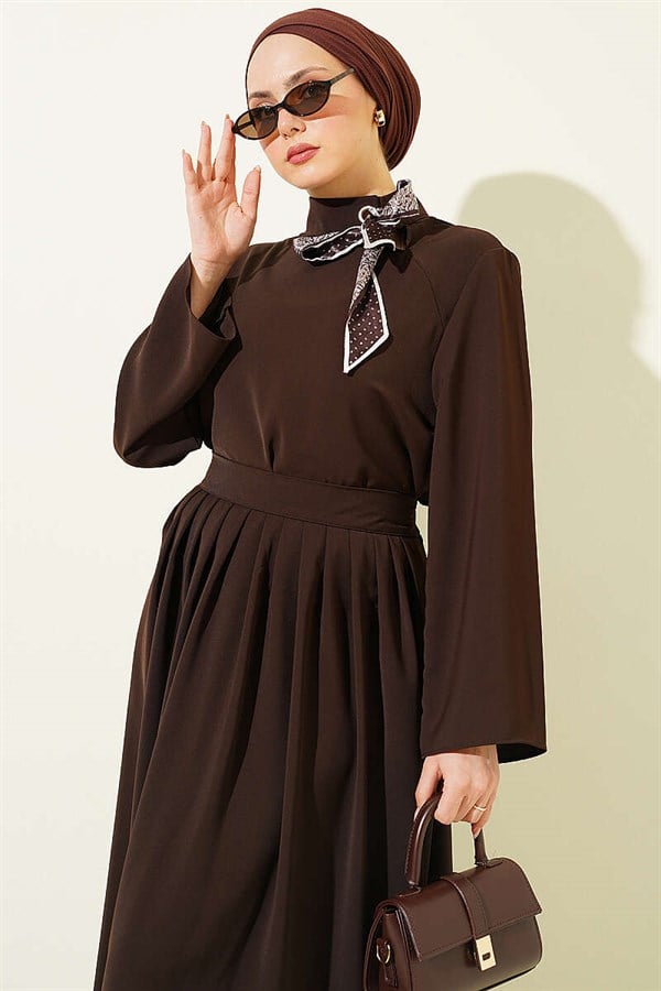 2 Piece Set with scarf collar and skirt, coffee color.