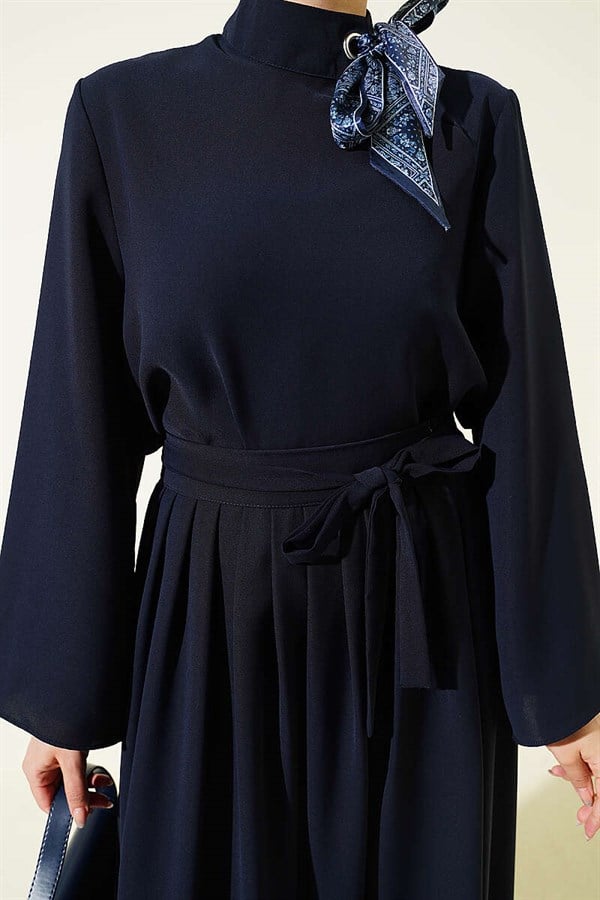 Navy Blue Two-Piece Skirt 2 Piece Set with Scarf Collar