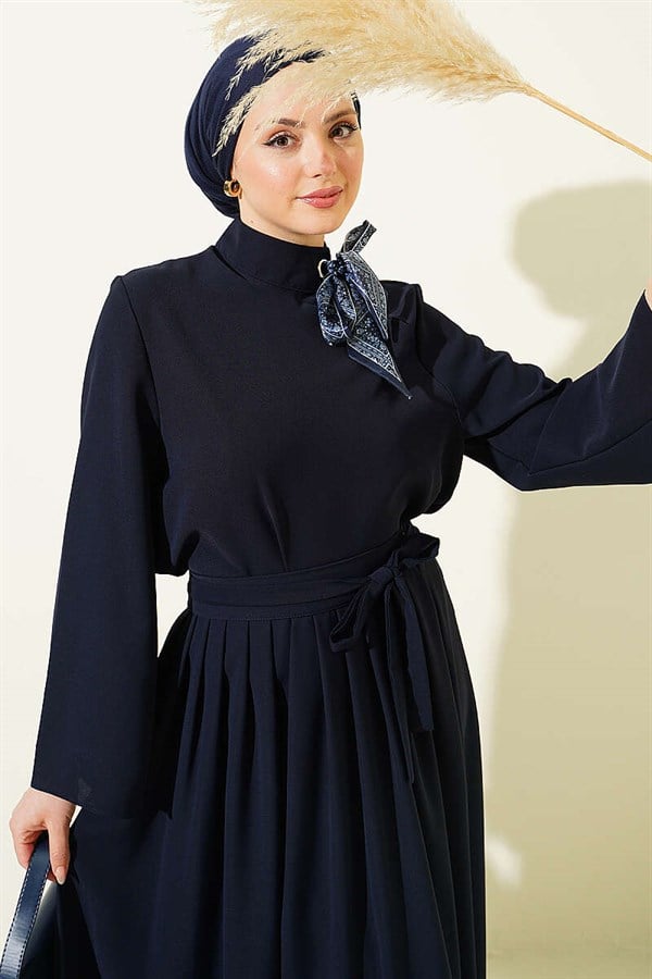 Navy Blue Two-Piece Skirt 2 Piece Set with Scarf Collar