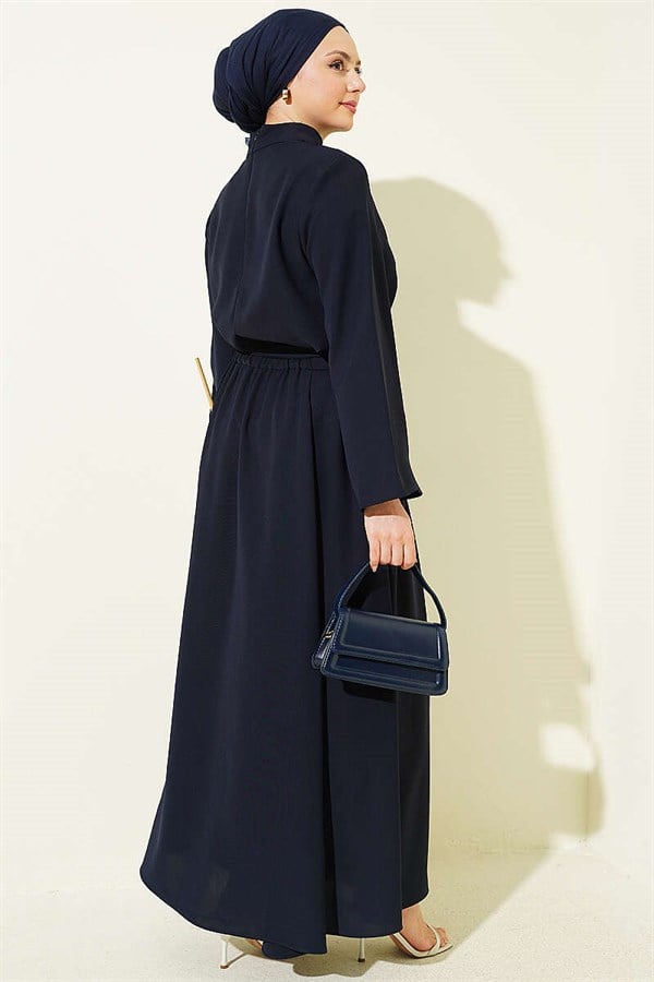 Navy Blue Two-Piece Skirt 2 Piece Set with Scarf Collar