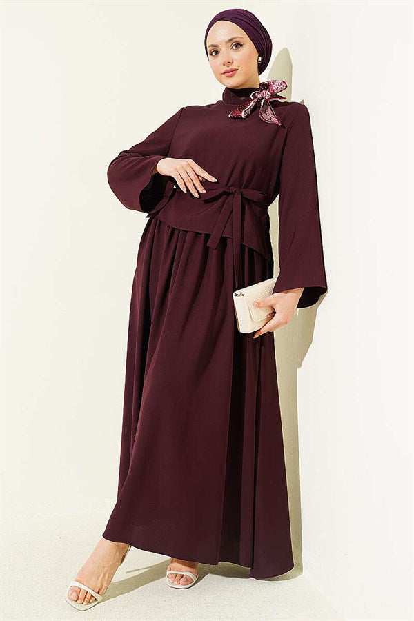 2 Piece Set with skirt and scarf detail, in plum color.