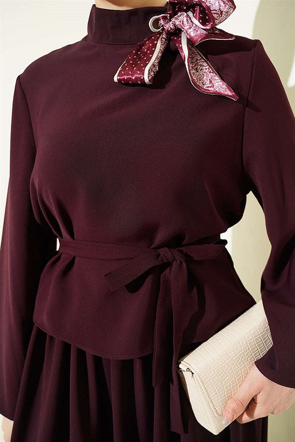 2 Piece Set with skirt and scarf detail, in plum color.