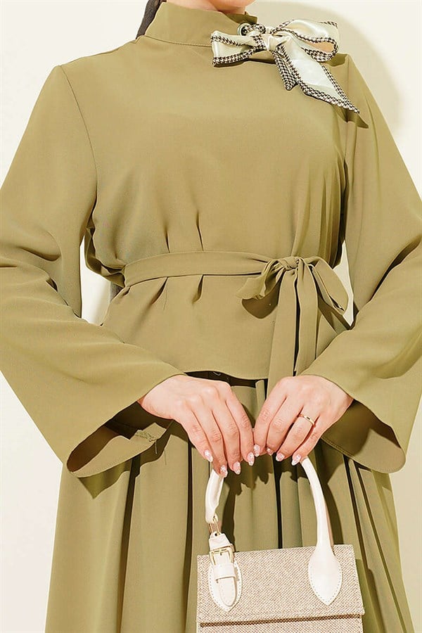 2 Piece Set with Scarf Collar and Skirt, Olive Green