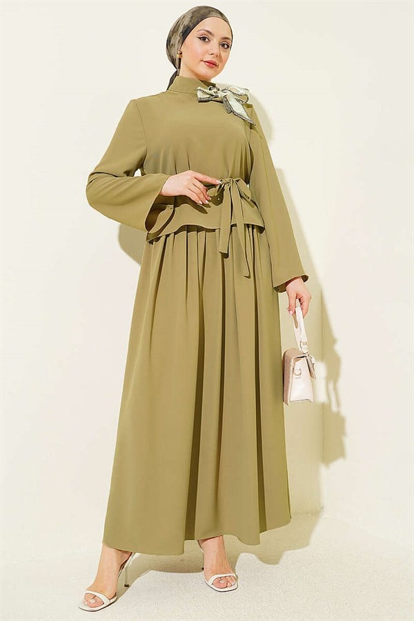 2 Piece Set with Scarf Collar and Skirt, Olive Green