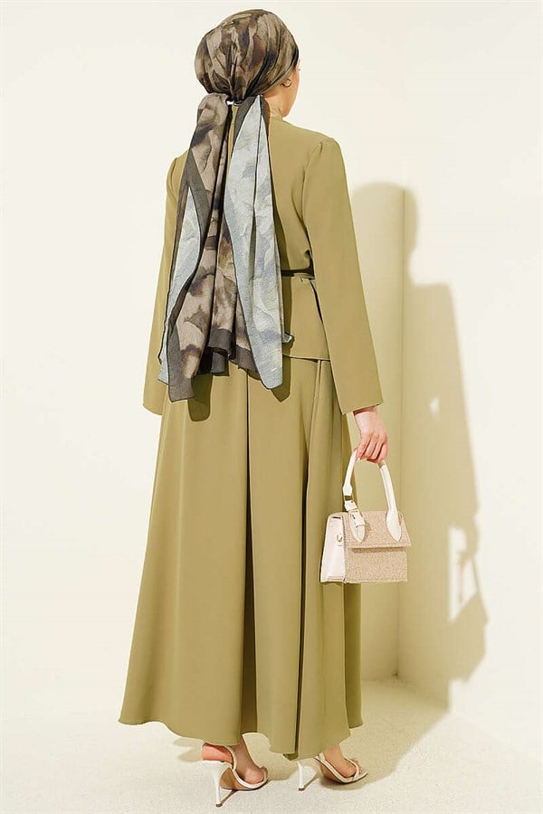 2 Piece Set with Scarf Collar and Skirt, Olive Green