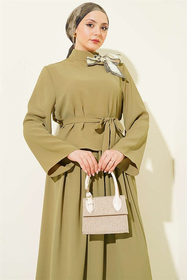 2 Piece Set with Scarf Collar and Skirt, Olive Green