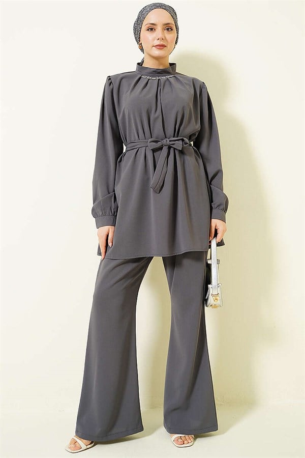 Tunic 2 Piece Set with Necklace Collar, Smoke Grey