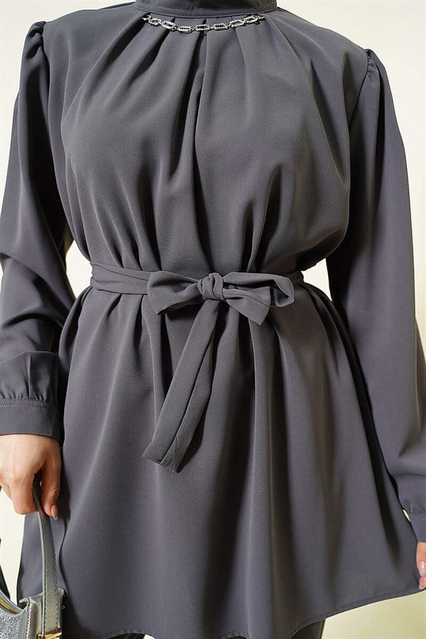 Tunic 2 Piece Set with Necklace Collar, Smoke Grey