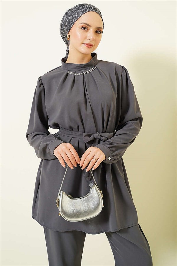 Tunic 2 Piece Set with Necklace Collar, Smoke Grey