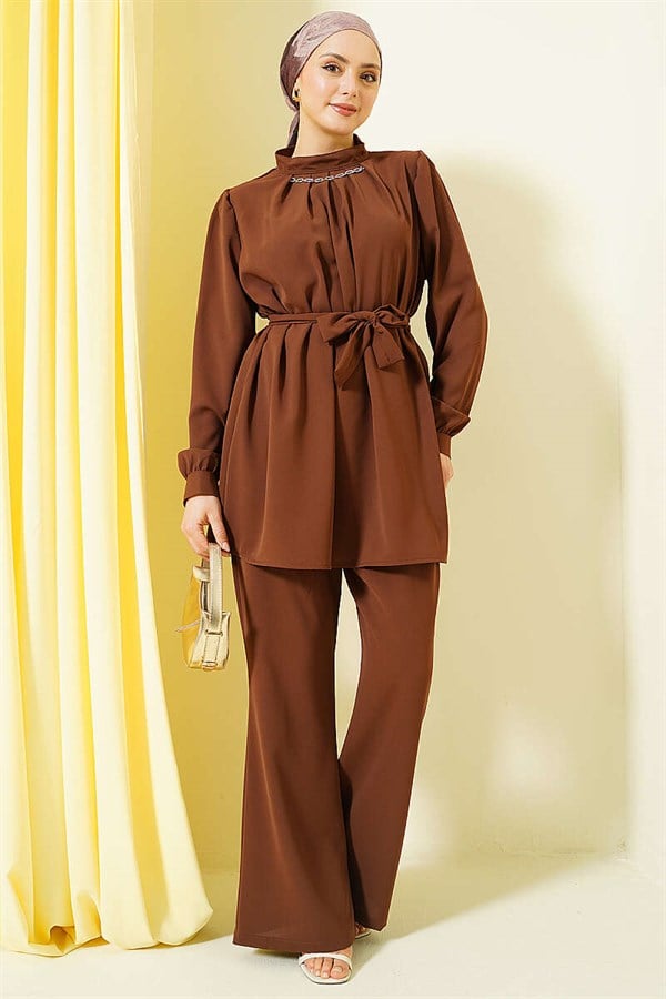 Tunic 2 Piece Set with Necklace Collar, Coffee