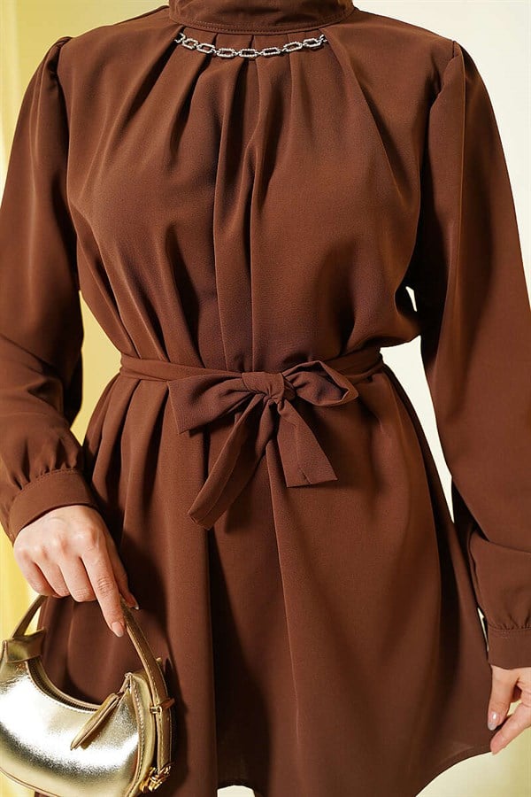 Tunic 2 Piece Set with Necklace Collar, Coffee
