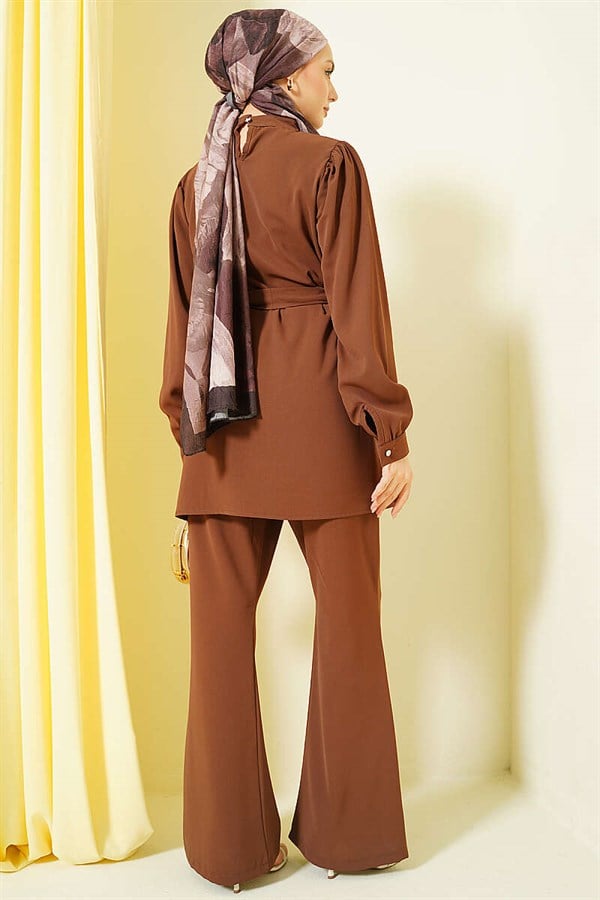 Tunic 2 Piece Set with Necklace Collar, Coffee