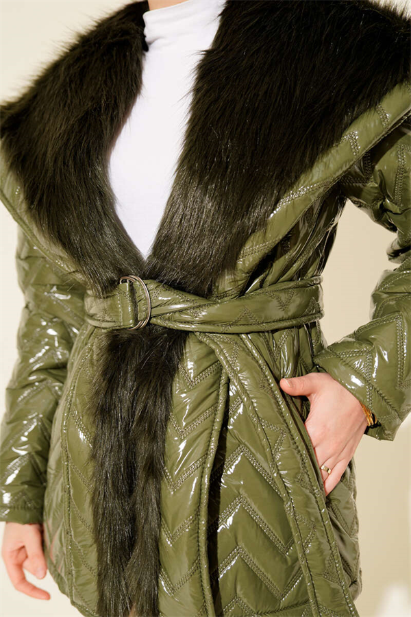 Fur-Collared Shiny Coat, Khaki