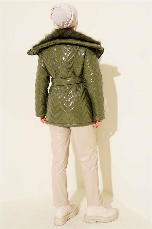 Fur-Collared Shiny Coat, Khaki