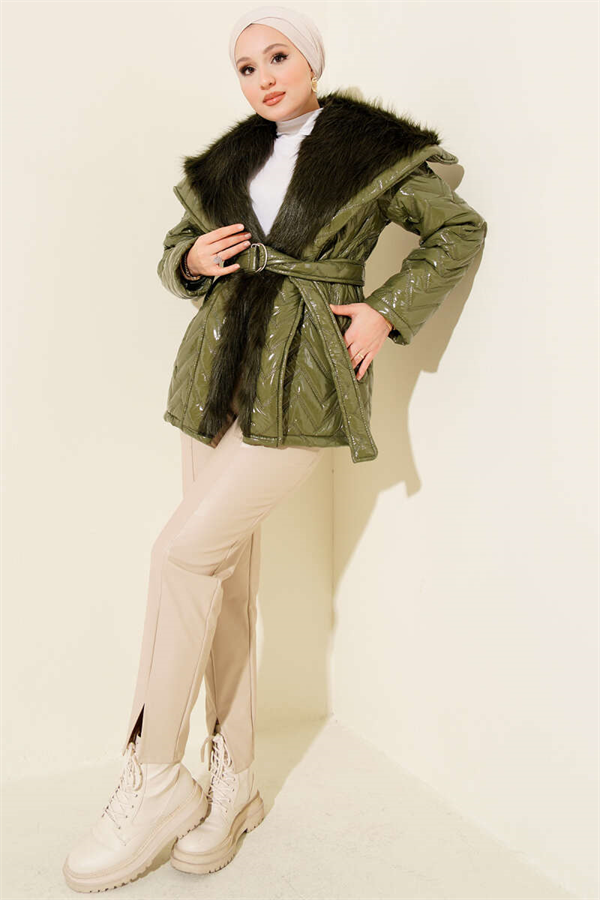 Fur-Collared Shiny Coat, Khaki