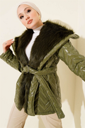 Fur-Collared Shiny Coat, Khaki