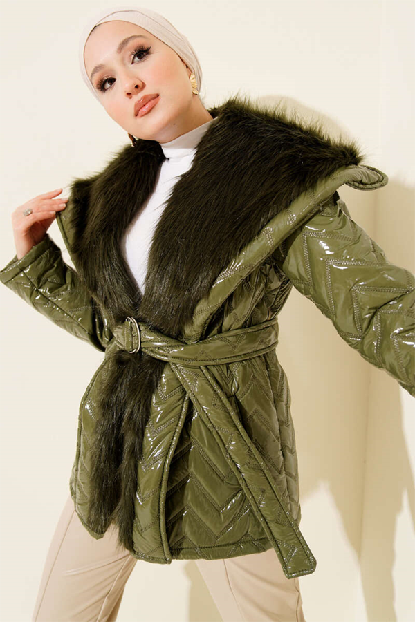 Fur-Collared Shiny Coat, Khaki
