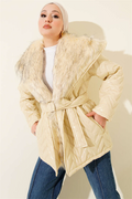 Shiny Coat with Fur Collar, Cream