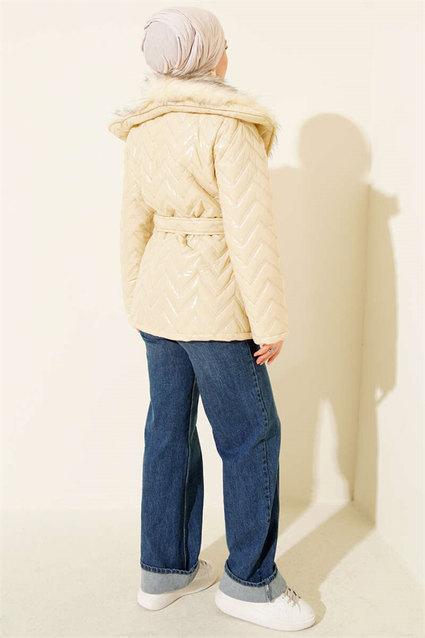 Shiny Coat with Fur Collar, Cream