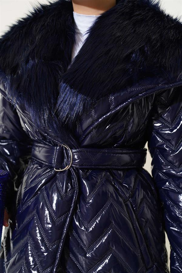 Shiny Navy Blue Fur Collar Coat