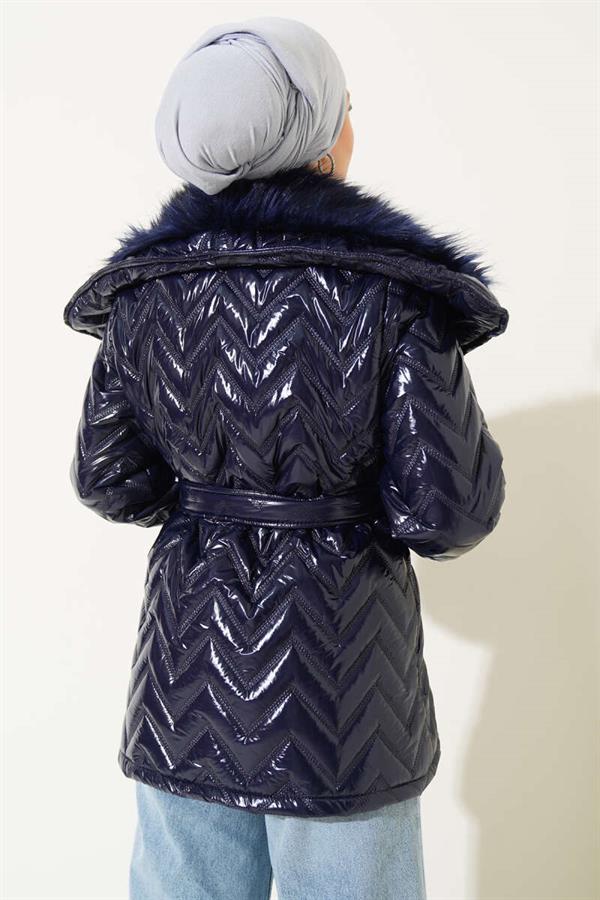 Shiny Navy Blue Fur Collar Coat