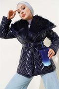 Shiny Navy Blue Fur Collar Coat