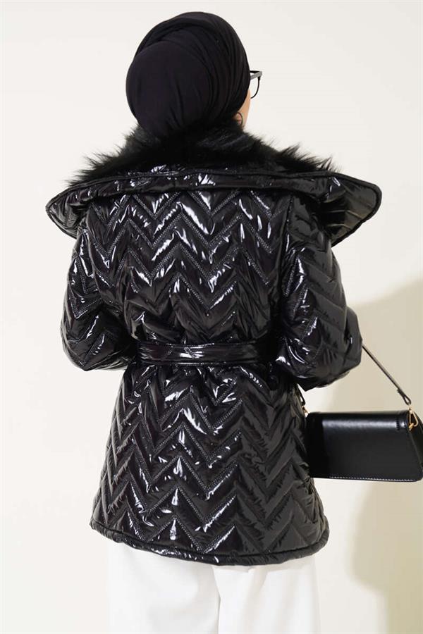 Shiny Coat with Fur Collar Black