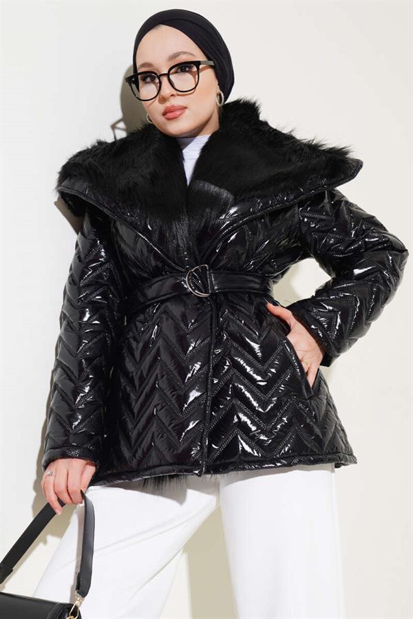 Shiny Coat with Fur Collar Black