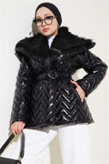 Shiny Coat with Fur Collar Black