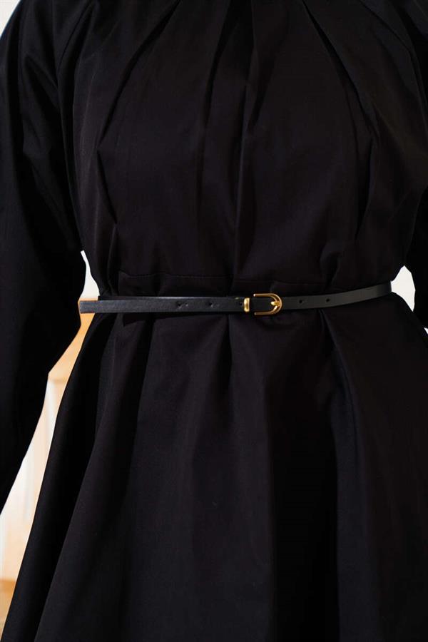 Poplin 2 Piece Set with Darted Collar and Belt, Black