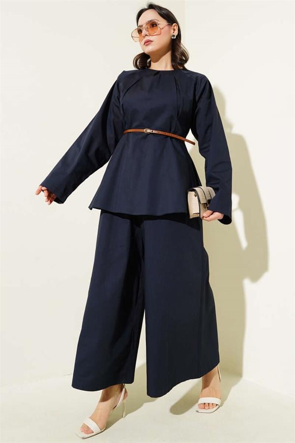 Darted Collar Belted Poplin 2 Piece Set Navy Blue