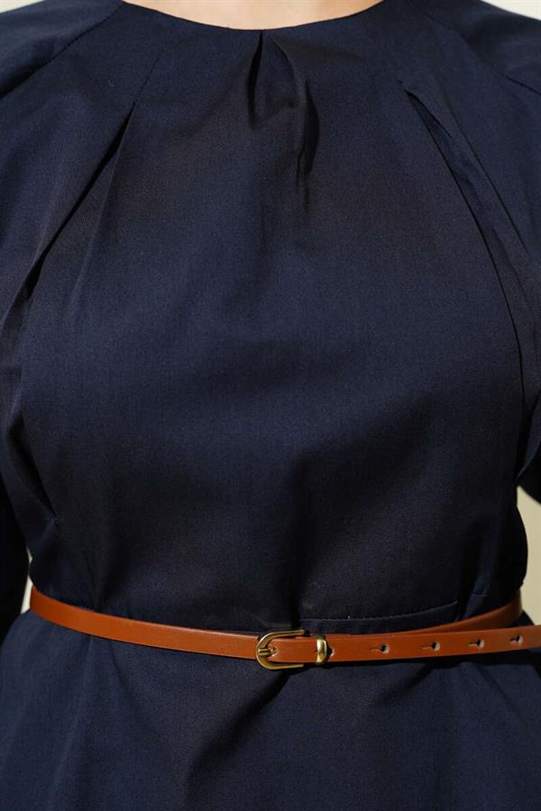 Darted Collar Belted Poplin 2 Piece Set Navy Blue