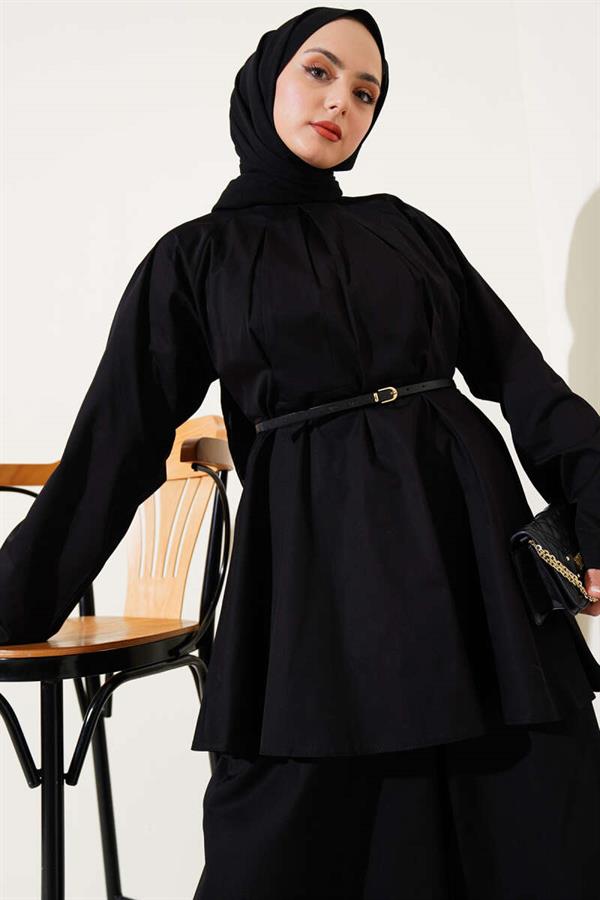Poplin 2 Piece Set with Darted Collar and Belt, Black