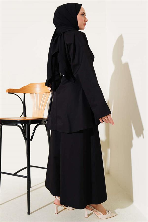 Poplin 2 Piece Set with Darted Collar and Belt, Black