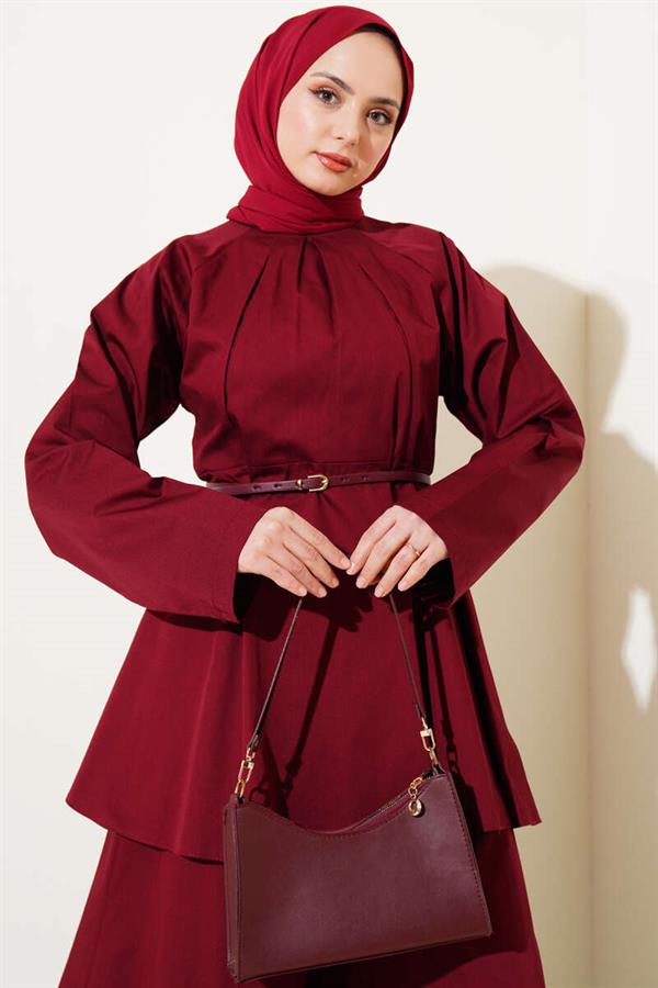 Poplin 2 Piece Set with Darted Collar and Belt, Claret Red