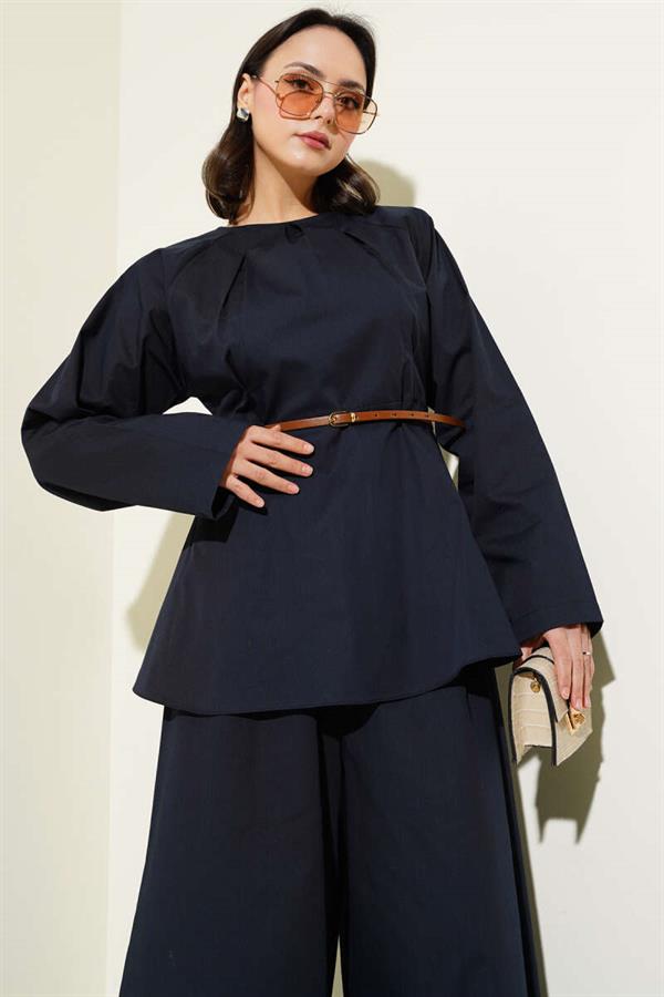 Darted Collar Belted Poplin 2 Piece Set Navy Blue
