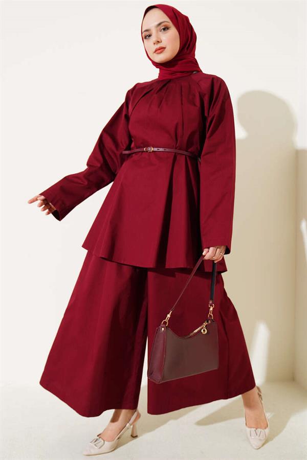 Poplin 2 Piece Set with Darted Collar and Belt, Claret Red