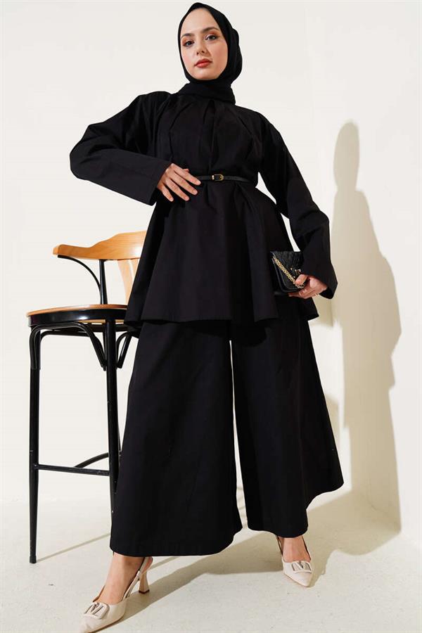Poplin 2 Piece Set with Darted Collar and Belt, Black