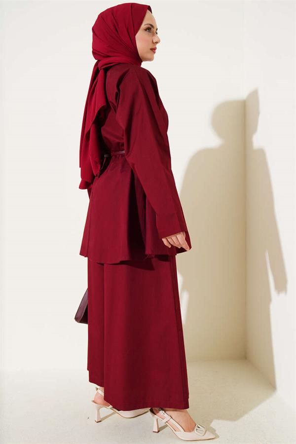 Poplin 2 Piece Set with Darted Collar and Belt, Claret Red