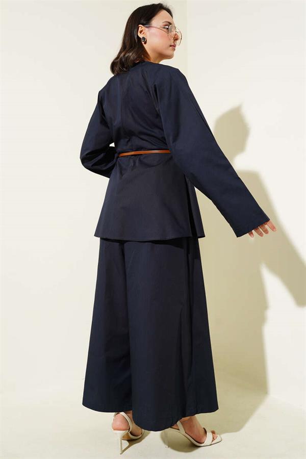 Darted Collar Belted Poplin 2 Piece Set Navy Blue