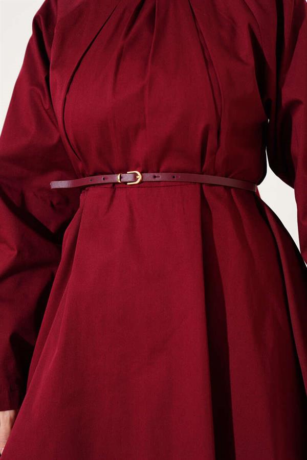 Poplin 2 Piece Set with Darted Collar and Belt, Claret Red