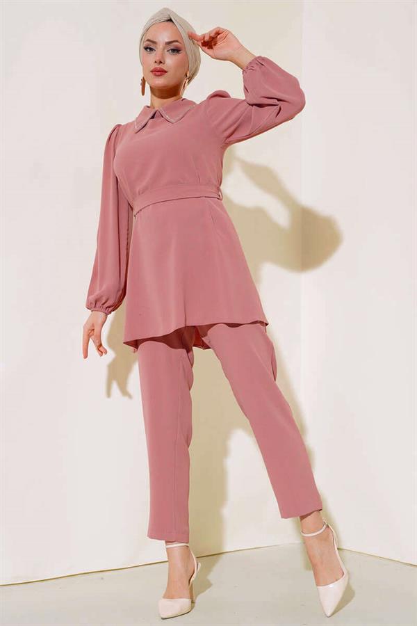 Stone Detailed Collar 2 Piece Set Powder