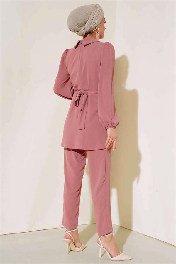 Stone Detailed Collar 2 Piece Set Powder