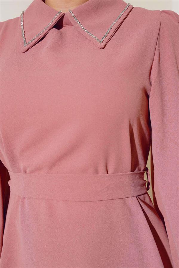Stone Detailed Collar 2 Piece Set Powder