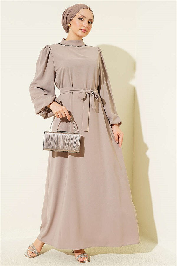 Beige Balloon Sleeve Evening Dress with Embellished Neckline