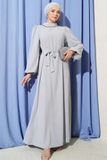 Gray Balloon Sleeve Evening Dress with Embellished Neckline