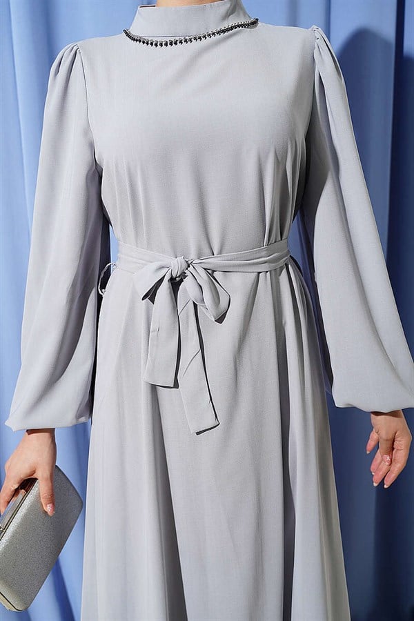 Gray Balloon Sleeve Evening Dress with Embellished Neckline