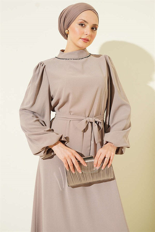 Indigo Balloon Sleeve Evening Dress with Embellished Neckline