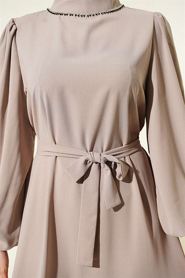 Indigo Balloon Sleeve Evening Dress with Embellished Neckline